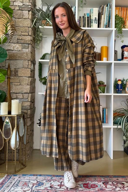 Nora Brushed Cotton Gingham Frock Coat Deep Olive